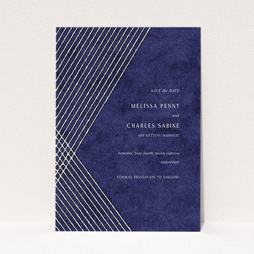 Wedding Save The Date Design - "In the Navy" A wedding save the date template titled "In the Navy". It is an A6 save the date in a portrait orientation. "In the Navy" is available as a flat save the date, with mainly blue colouring.