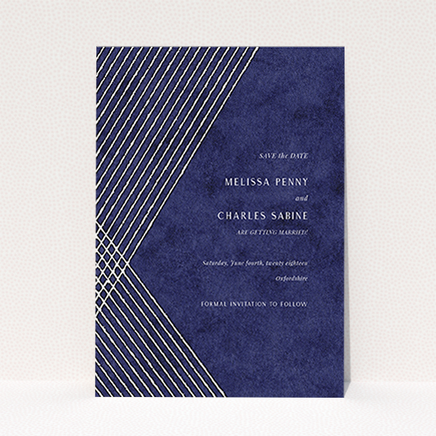 A wedding save the date template titled "In the Navy". It is an A6 save the date in a portrait orientation. "In the Navy" is available as a flat save the date, with mainly blue colouring.