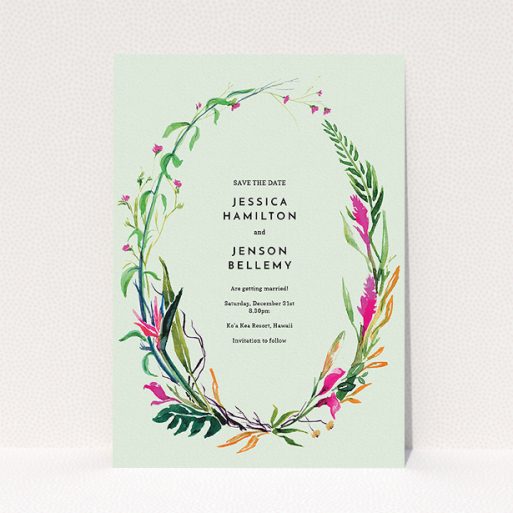 Wedding Save The Date Design - "Jungle collection" A wedding save the date called "Jungle collection". It is an A5 save the date in a portrait orientation. "Jungle collection" is available as a flat save the date, with tones of green, pink and orange.