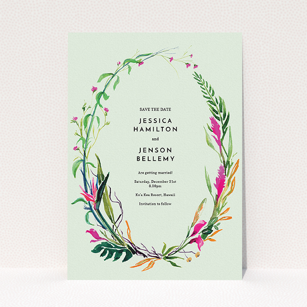 A wedding save the date called "Jungle collection". It is an A5 save the date in a portrait orientation. "Jungle collection" is available as a flat save the date, with tones of green, pink and orange.