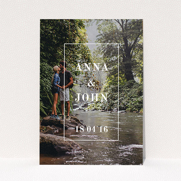 A wedding save the date called "Just us portrait". It is an A6 save the date in a portrait orientation. It is a photographic wedding save the date with room for 1 photo. "Just us portrait" is available as a flat save the date, with mainly white colouring.