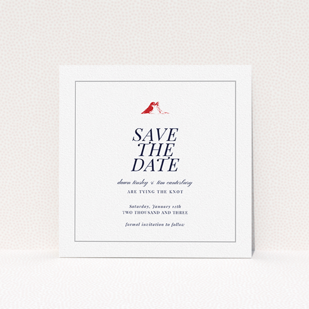 A wedding save the date named "Lovebirds". It is a square (148mm x 148mm) save the date in a square orientation. "Lovebirds" is available as a flat save the date, with mainly white colouring.