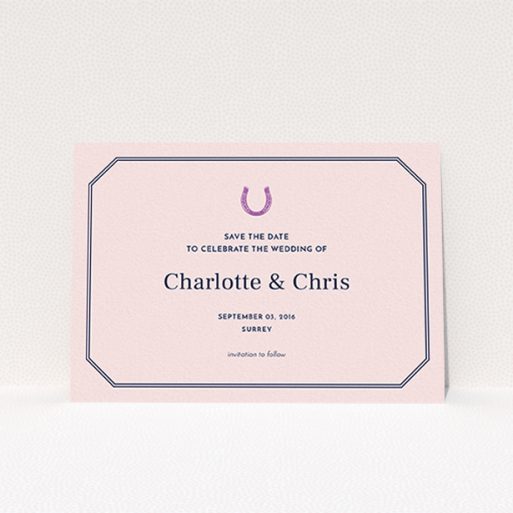 Wedding Save The Date Card - Lucky Horse Shoe (Pink) A wedding save the date named "Lucky horse shoe". It is an A6 save the date in a landscape orientation. "Lucky horse shoe" is available as a flat save the date, with mainly pink colouring.