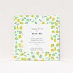 A wedding save the date design named "Madeira". It is a square (148mm x 148mm) save the date in a square orientation. "Madeira" is available as a flat save the date, with tones of green and yellow.