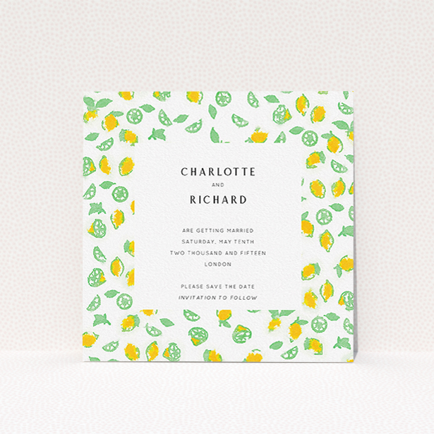 A wedding save the date design named "Madeira". It is a square (148mm x 148mm) save the date in a square orientation. "Madeira" is available as a flat save the date, with tones of green and yellow.
