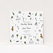 A wedding save the date template titled "Matrimonial Doodles". It is a square (148mm x 148mm) save the date in a square orientation. "Matrimonial Doodles" is available as a flat save the date, with tones of white and green.