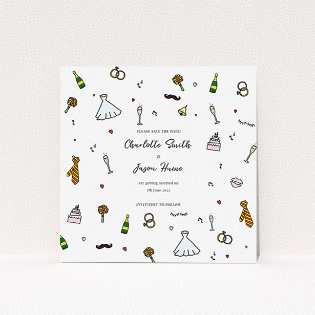 A wedding save the date template titled "Matrimonial Doodles". It is a square (148mm x 148mm) save the date in a square orientation. "Matrimonial Doodles" is available as a flat save the date, with tones of white and green.