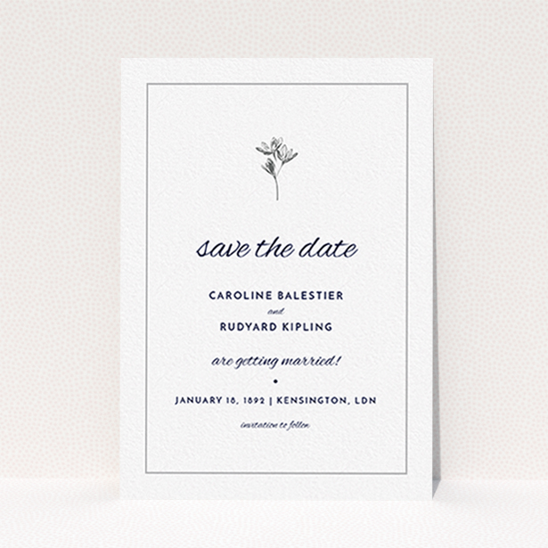A wedding save the date design called "My little daisy". It is an A6 save the date in a portrait orientation. "My little daisy" is available as a flat save the date, with tones of white and Dark grey.