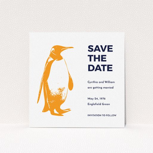 Wedding Save The Date Card - My Little Penguin (Navy Blue) A wedding save the date design named "My little penguin". It is a square (148mm x 148mm) save the date in a square orientation. "My little penguin" is available as a flat save the date, with tones of orange and blue.