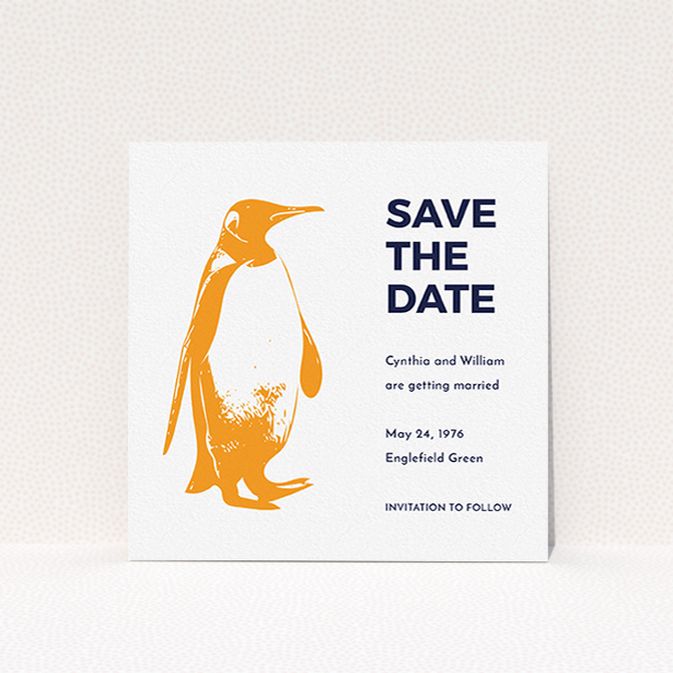 A wedding save the date design named "My little penguin". It is a square (148mm x 148mm) save the date in a square orientation. "My little penguin" is available as a flat save the date, with tones of orange and blue.