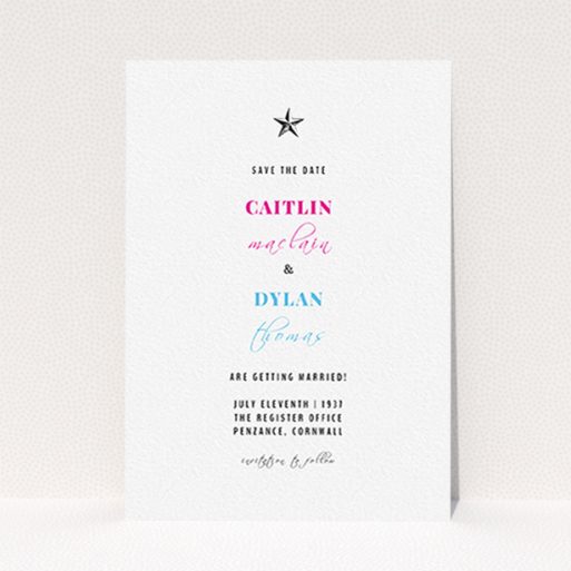 Wedding Save The Date Card - North Star (Vibrant Pink) A wedding save the date template titled "North Star". It is an A6 save the date in a portrait orientation. "North Star" is available as a flat save the date, with mainly white colouring.