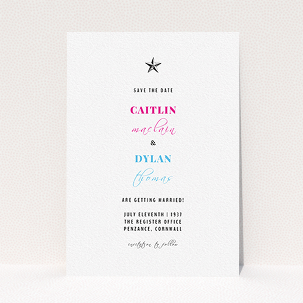 A wedding save the date template titled "North Star". It is an A6 save the date in a portrait orientation. "North Star" is available as a flat save the date, with mainly white colouring.