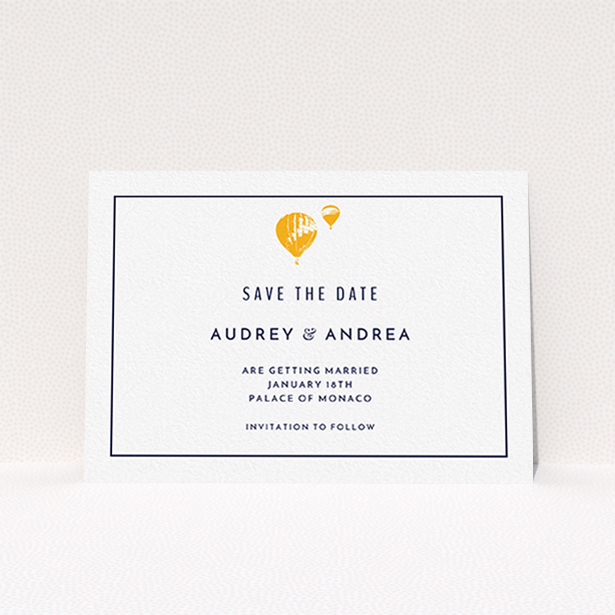 A wedding save the date template titled "Off and away". It is an A6 save the date in a landscape orientation. "Off and away" is available as a flat save the date, with tones of white and orange.