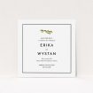 A wedding save the date design titled "Olive branch stamp". It is a square (148mm x 148mm) save the date in a square orientation. "Olive branch stamp" is available as a flat save the date, with tones of white and green.