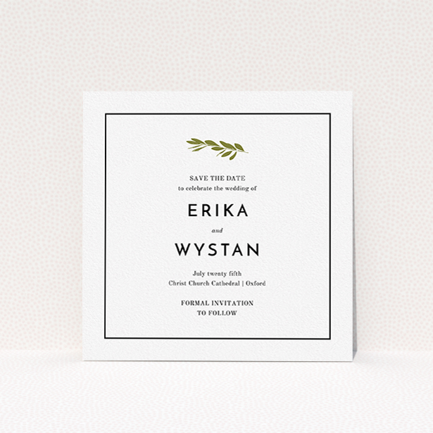 A wedding save the date design titled "Olive branch stamp". It is a square (148mm x 148mm) save the date in a square orientation. "Olive branch stamp" is available as a flat save the date, with tones of white and green.