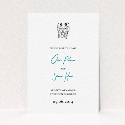 Wedding Save The Date Design - "One small step" A wedding save the date design named "One small step". It is an A6 save the date in a portrait orientation. "One small step" is available as a flat save the date, with tones of white and blue.