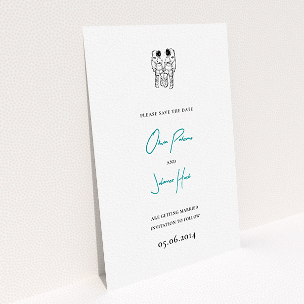 A wedding save the date design named "One small step". It is an A6 save the date in a portrait orientation. "One small step" is available as a flat save the date, with tones of white and blue.