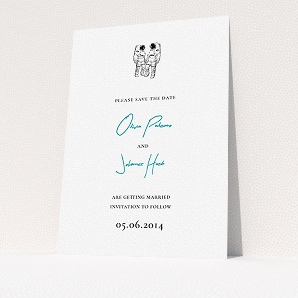 A wedding save the date design named "One small step". It is an A6 save the date in a portrait orientation. "One small step" is available as a flat save the date, with tones of white and blue.