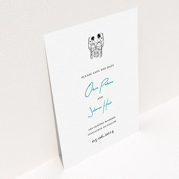 A wedding save the date design named "One small step". It is an A6 save the date in a portrait orientation. "One small step" is available as a flat save the date, with tones of white and blue.