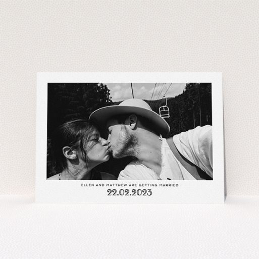 Wedding Save The Date Design - "Ornate Date" A wedding save the date design titled "Ornate Date". It is an A5 save the date in a landscape orientation. It is a photographic wedding save the date with room for 1 photo. "Ornate Date" is available as a flat save the date, with mainly white colouring.