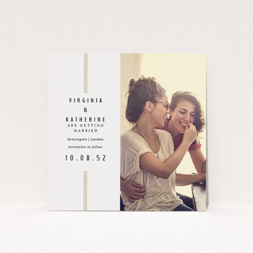 Wedding Save The Date Design - "Paris 3 Line" A wedding save the date named "Paris 3 Line". It is a square (148mm x 148mm) save the date in a square orientation. It is a photographic wedding save the date with room for 1 photo. "Paris 3 Line" is available as a flat save the date, with tones of off-white and gold.