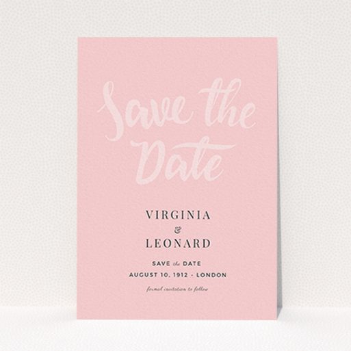 Wedding Save The Date Design - "Pink on Rose Typography" A wedding save the date design named "Pink on Rose Typography". It is an A6 save the date in a portrait orientation. "Pink on Rose Typography" is available as a flat save the date, with mainly pink colouring.
