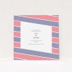 A wedding save the date named "Preppy Lines". It is a square (148mm x 148mm) save the date in a square orientation. "Preppy Lines" is available as a flat save the date, with tones of red and blue.