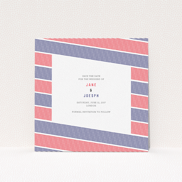 A wedding save the date named "Preppy Lines". It is a square (148mm x 148mm) save the date in a square orientation. "Preppy Lines" is available as a flat save the date, with tones of red and blue.