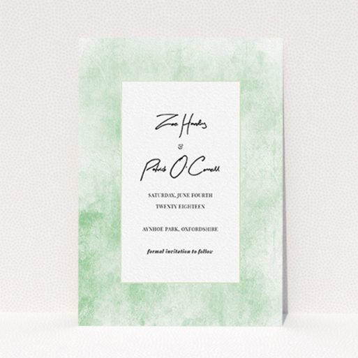 Wedding Save The Date Design - "Rustic Green" A wedding save the date design called "Rustic Green". It is an A6 save the date in a portrait orientation. "Rustic Green" is available as a flat save the date, with tones of green and white.