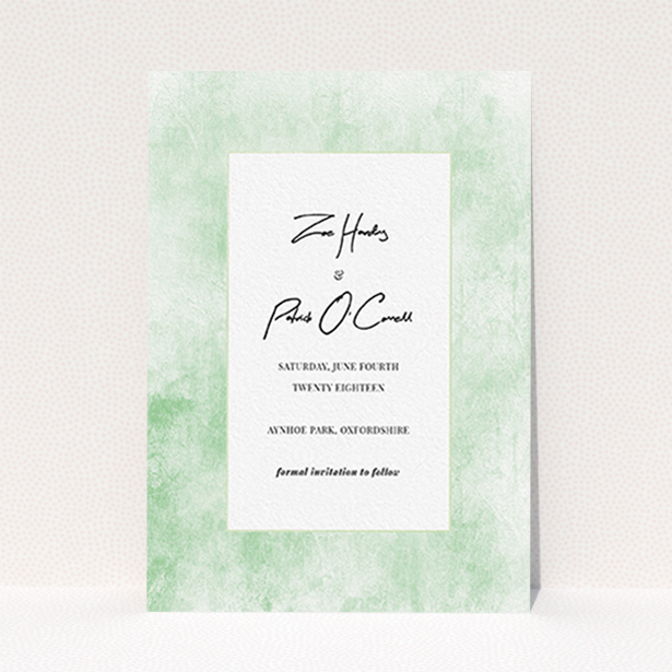 A wedding save the date design called "Rustic Green". It is an A6 save the date in a portrait orientation. "Rustic Green" is available as a flat save the date, with tones of green and white.
