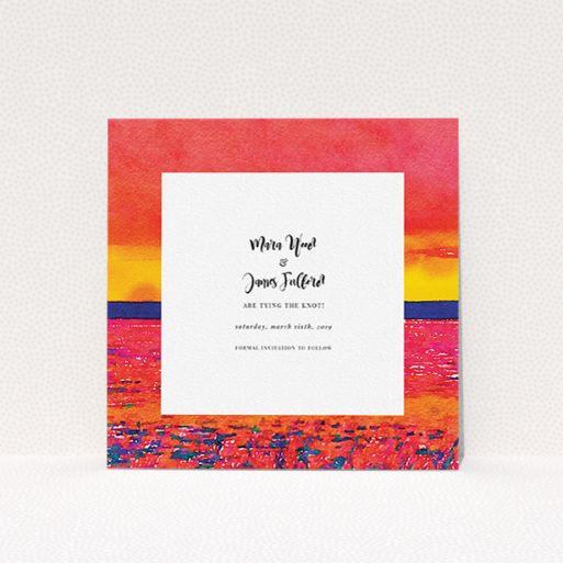Wedding Save The Date Design - "Setting Sun" A wedding save the date design named "Setting Sun". It is a square (148mm x 148mm) save the date in a square orientation. "Setting Sun" is available as a flat save the date, with tones of red, yellow and navy blue.