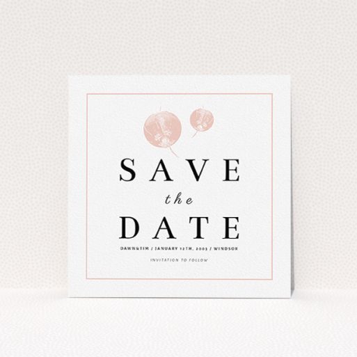 Wedding Save The Date Design - "Shanghai Nights" A wedding save the date called "Shanghai Nights". It is a square (148mm x 148mm) save the date in a square orientation. "Shanghai Nights" is available as a flat save the date, with tones of pink and white.