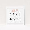 A wedding save the date called "Shanghai Nights". It is a square (148mm x 148mm) save the date in a square orientation. "Shanghai Nights" is available as a flat save the date, with tones of pink and white.