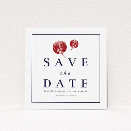 Wedding Save The Date Design - "Shanghai Nights" A wedding save the date design called "Shanghai Nights". It is a square (148mm x 148mm) save the date in a square orientation. "Shanghai Nights" is available as a flat save the date, with tones of red and white.