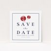 A wedding save the date design called "Shanghai Nights". It is a square (148mm x 148mm) save the date in a square orientation. "Shanghai Nights" is available as a flat save the date, with tones of red and white.