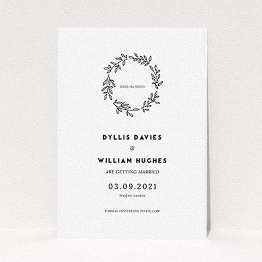 Wedding Save The Date Design - "Simple Wreath" A wedding save the date design titled "Simple Wreath". It is an A6 save the date in a portrait orientation. "Simple Wreath" is available as a flat save the date, with mainly white colouring.