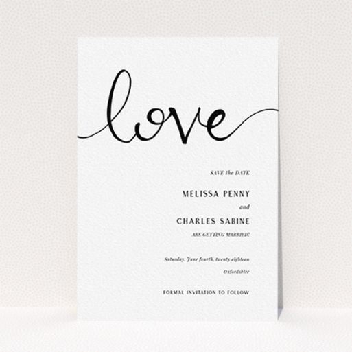 Wedding Save The Date Design - "Simply Love" A wedding save the date design titled "Simply Love". It is an A6 save the date in a portrait orientation. "Simply Love" is available as a flat save the date, with tones of white and black.