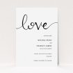 A wedding save the date design titled "Simply Love". It is an A6 save the date in a portrait orientation. "Simply Love" is available as a flat save the date, with tones of white and black.