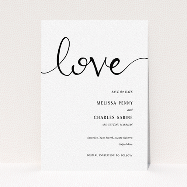 A wedding save the date design titled "Simply Love". It is an A6 save the date in a portrait orientation. "Simply Love" is available as a flat save the date, with tones of white and black.