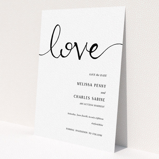 A wedding save the date design titled "Simply Love". It is an A6 save the date in a portrait orientation. "Simply Love" is available as a flat save the date, with tones of white and black.