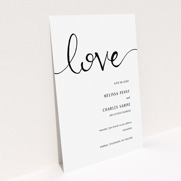 A wedding save the date design titled "Simply Love". It is an A6 save the date in a portrait orientation. "Simply Love" is available as a flat save the date, with tones of white and black.