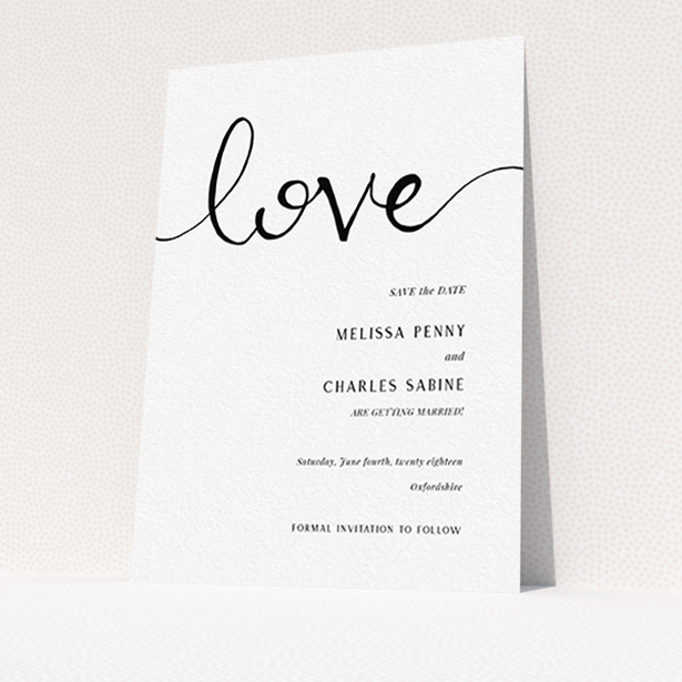 A wedding save the date design titled "Simply Love". It is an A6 save the date in a portrait orientation. "Simply Love" is available as a flat save the date, with tones of white and black.