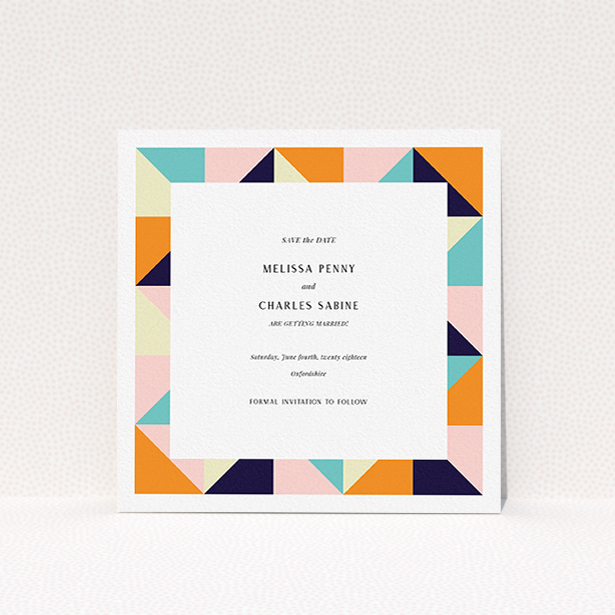 A wedding save the date named "Sloane Squares". It is a square (148mm x 148mm) save the date in a square orientation. "Sloane Squares" is available as a flat save the date, with mainly orange colouring.