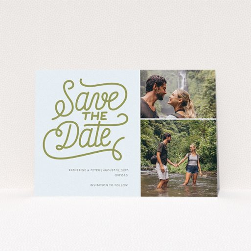 Wedding Save The Date Design - "Square of Typography Landscape" A wedding save the date named "Square of Typography Landscape". It is an A5 save the date in a landscape orientation. It is a photographic wedding save the date with room for 2 photos. "Square of Typography Landscape" is available as a flat save the date, with tones of blue and faded gold.