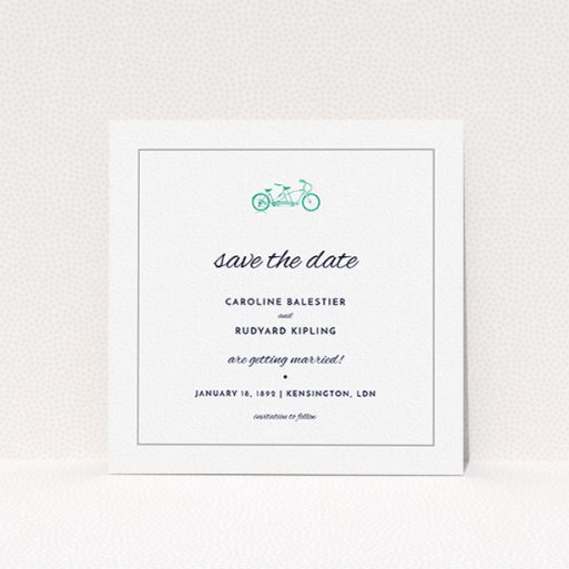 Wedding Save The Date Card - Tandem Sheet (Grey) A wedding save the date design called "Tandem sheet". It is a square (148mm x 148mm) save the date in a square orientation. "Tandem sheet" is available as a flat save the date, with tones of white and green.