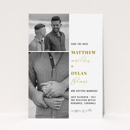 Wedding Save The Date Design - "Together again" A wedding save the date design titled "Together again". It is an A6 save the date in a portrait orientation. It is a photographic wedding save the date with room for 2 photos. "Together again" is available as a flat save the date, with tones of white and gold.