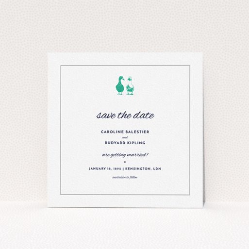 Wedding Save The Date Card - Two Little Ducks (Grey) A wedding save the date design titled "Two little ducks". It is a square (148mm x 148mm) save the date in a square orientation. "Two little ducks" is available as a flat save the date, with tones of white and green.