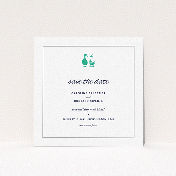 A wedding save the date design titled "Two little ducks". It is a square (148mm x 148mm) save the date in a square orientation. "Two little ducks" is available as a flat save the date, with tones of white and green.