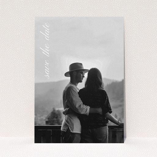 Wedding Save The Date Design - "Up the side" A wedding save the date template titled "Up the side". It is an A5 save the date in a portrait orientation. It is a photographic wedding save the date with room for 1 photo. "Up the side" is available as a flat save the date, with mainly white colouring.