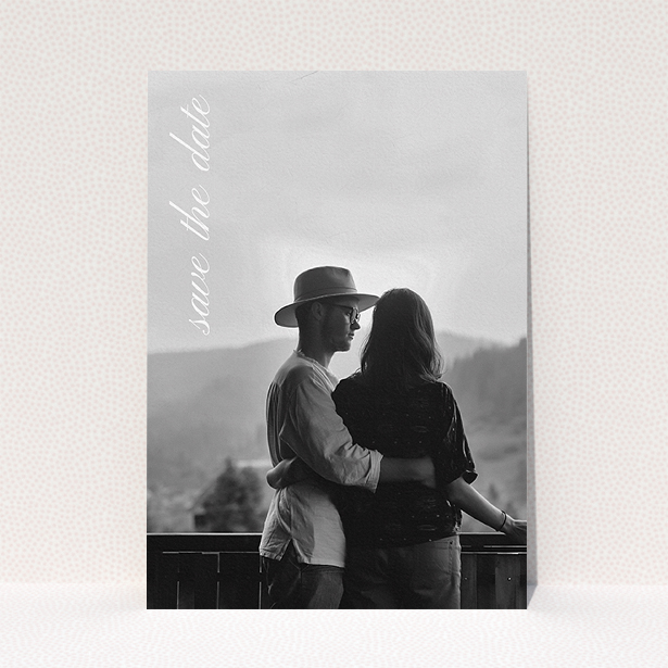 A wedding save the date template titled "Up the side". It is an A5 save the date in a portrait orientation. It is a photographic wedding save the date with room for 1 photo. "Up the side" is available as a flat save the date, with mainly white colouring.